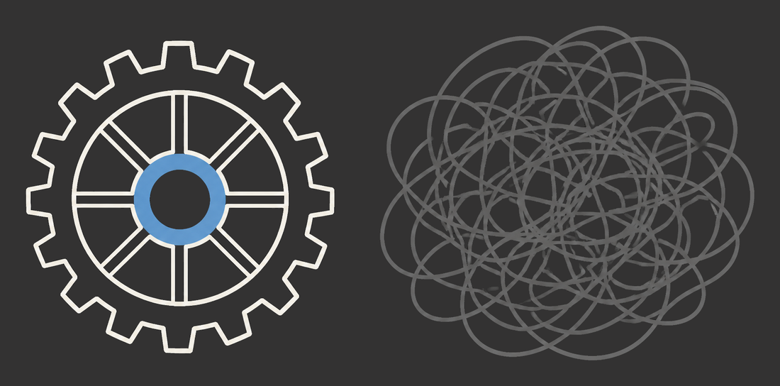 A precisely machined gear beside a loose tangle of scribbles