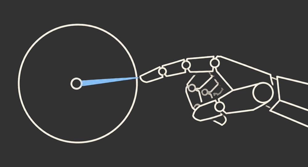A robot hand nudging the needle of a dial across to the far side