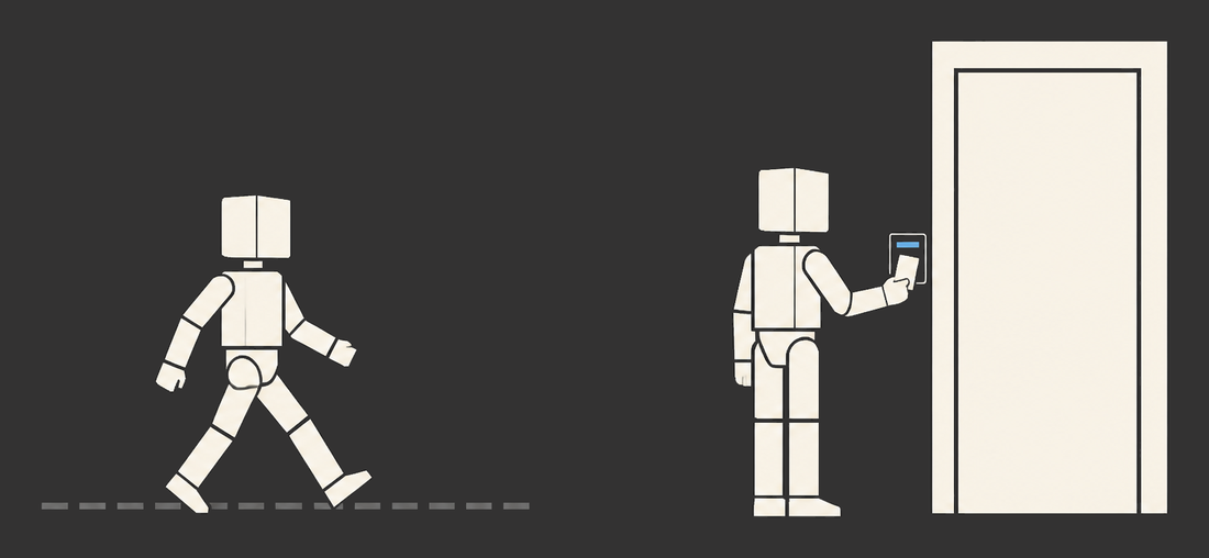One robot striding over a dashed line; another stopped at a door, badging in